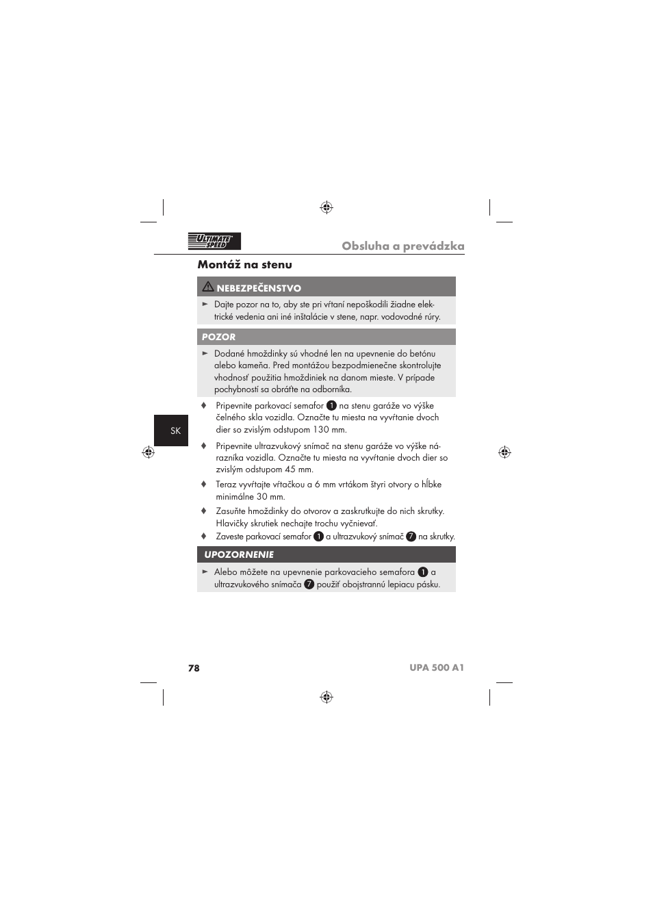 Obsluha a prevádzka, Montáž na stenu | Ultimate Speed UPA 500 A1 User Manual | Page 80 / 86