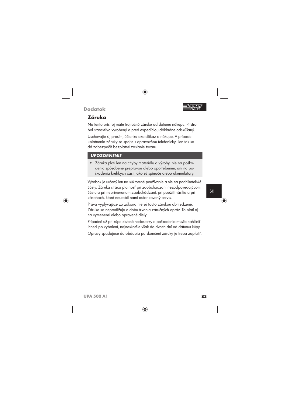 Dodatok, Záruka | Ultimate Speed UPA 500 A1 User Manual | Page 85 / 86