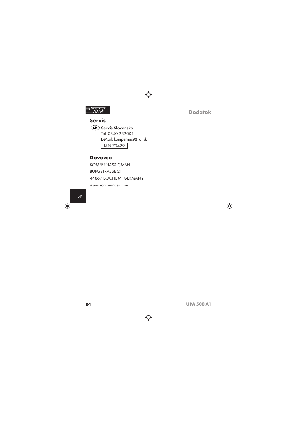 Dodatok, Servis, Dovozca | Ultimate Speed UPA 500 A1 User Manual | Page 86 / 86