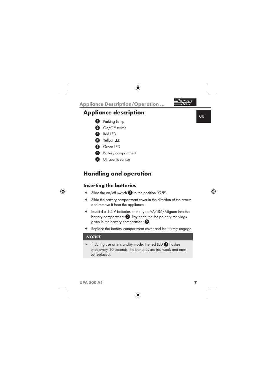 Appliance description, Handling and operation, Appliance description/operation | Inserting the batteries | Ultimate Speed UPA 500 A1 User Manual | Page 9 / 86