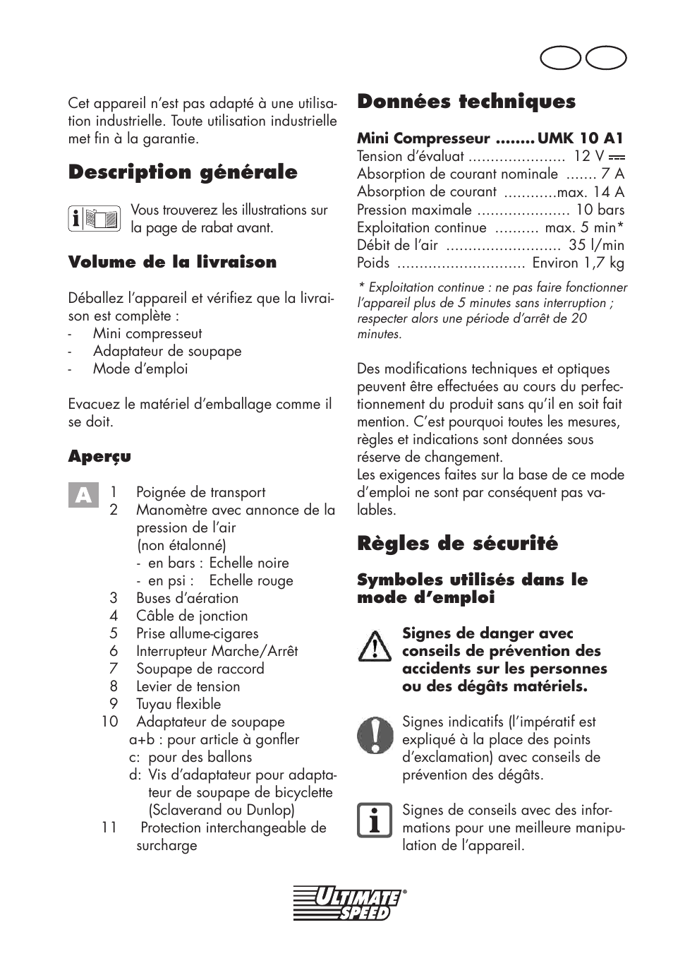 Description générale, Données techniques, Règles de sécurité | Fr ch | Ultimate Speed UMK 10 A1 User Manual | Page 13 / 50