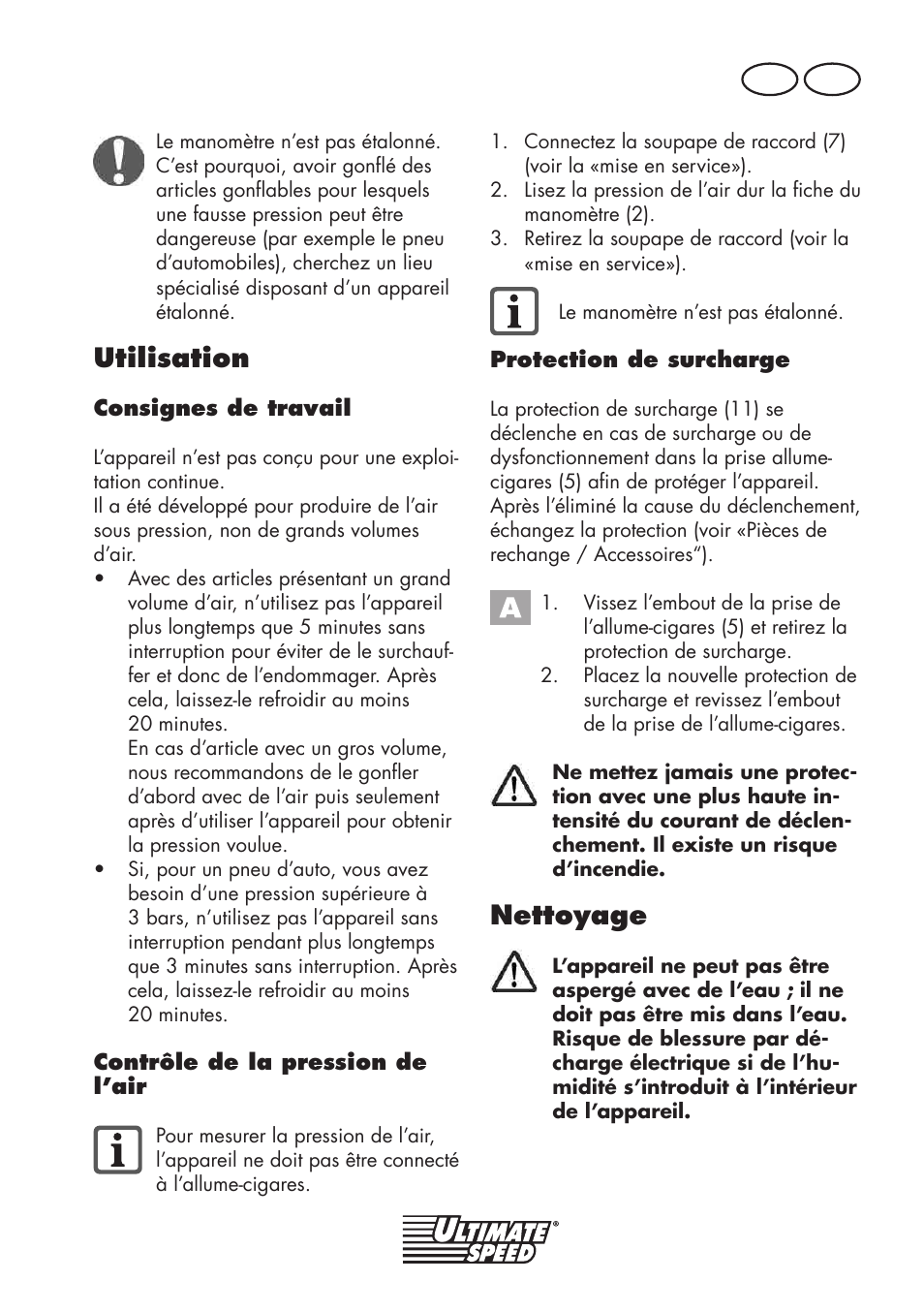 Utilisation, Nettoyage, Fr ch | Ultimate Speed UMK 10 A1 User Manual | Page 17 / 50