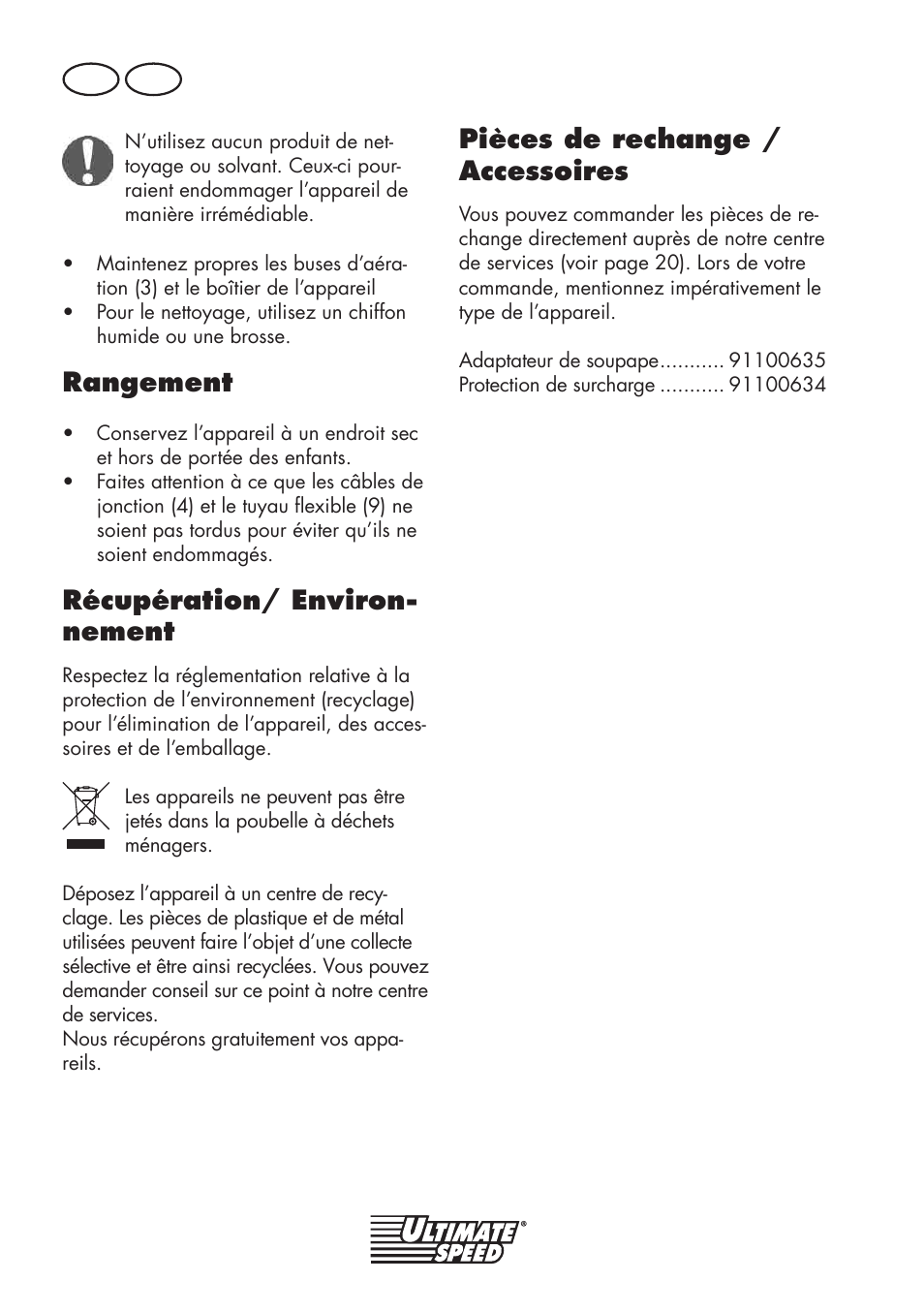 Rangement, Récupération/ environ- nement, Pièces de rechange / accessoires | Fr ch | Ultimate Speed UMK 10 A1 User Manual | Page 18 / 50