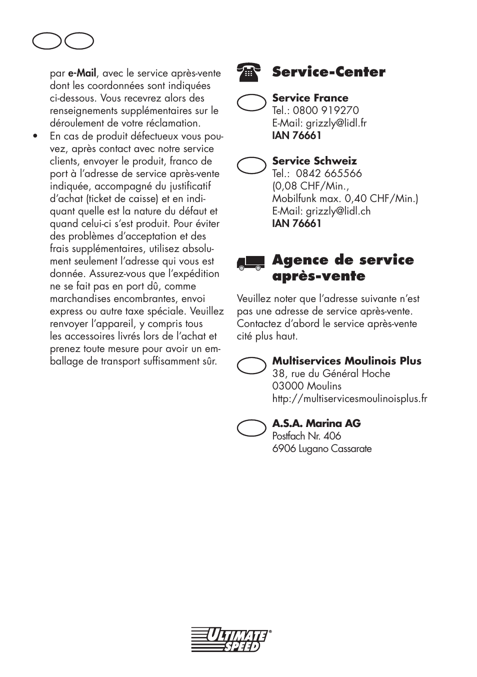 Service-center, Agence de service après-vente, Fr ch | Fr ch ch | Ultimate Speed UMK 10 A1 User Manual | Page 20 / 50