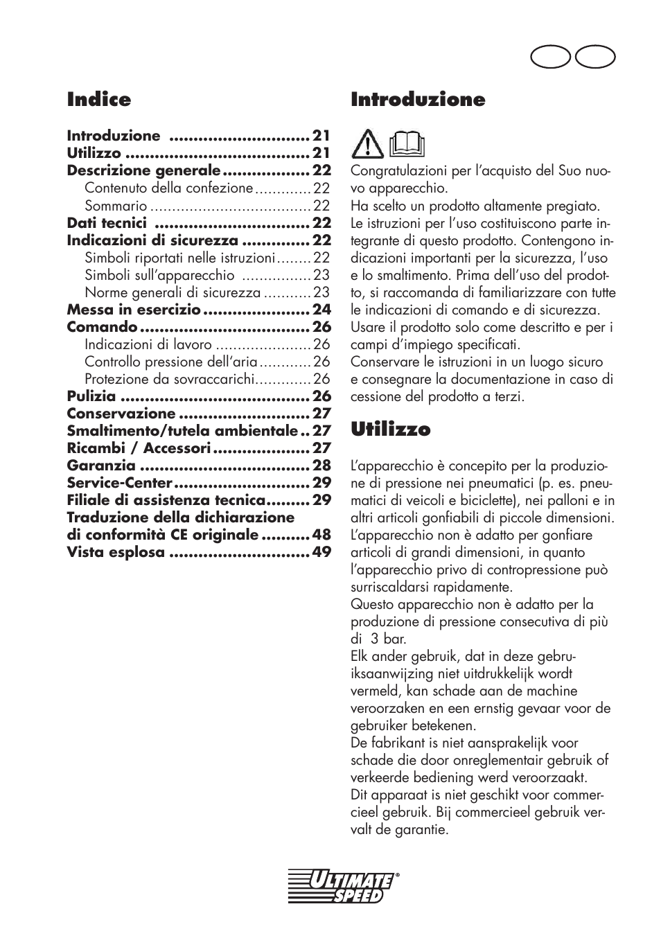 Indice, Introduzione, Utilizzo | It ch | Ultimate Speed UMK 10 A1 User Manual | Page 21 / 50