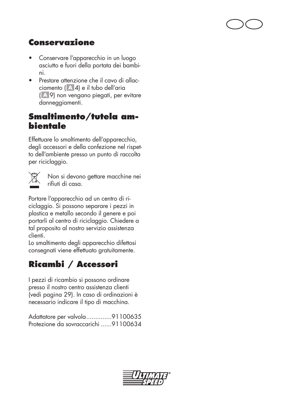 Conservazione, Smaltimento/tutela am- bientale, Ricambi / accessori | It ch | Ultimate Speed UMK 10 A1 User Manual | Page 27 / 50