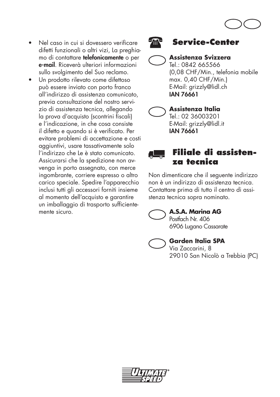 Service-center, Filiale di assisten- za tecnica, It ch | Ch it ch it | Ultimate Speed UMK 10 A1 User Manual | Page 29 / 50