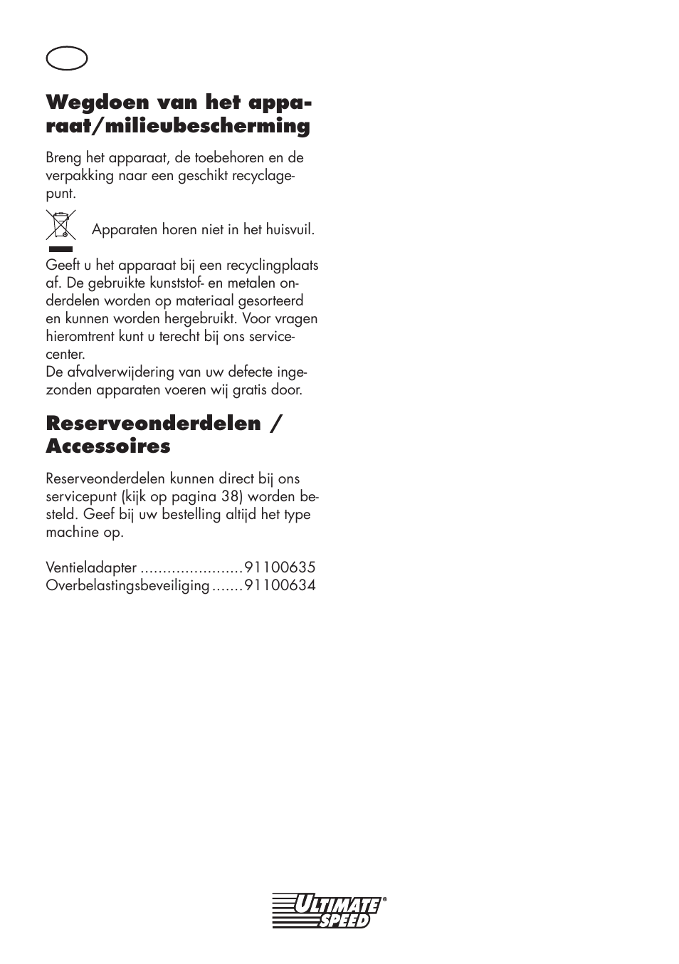 Wegdoen van het appa- raat/milieubescherming, Reserveonderdelen / accessoires | Ultimate Speed UMK 10 A1 User Manual | Page 36 / 50