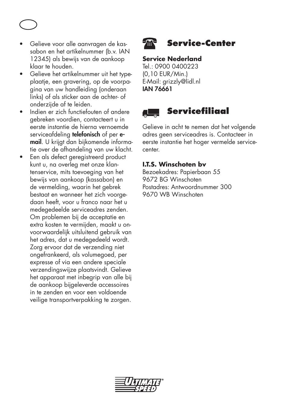 Service-center, Servicefiliaal | Ultimate Speed UMK 10 A1 User Manual | Page 38 / 50