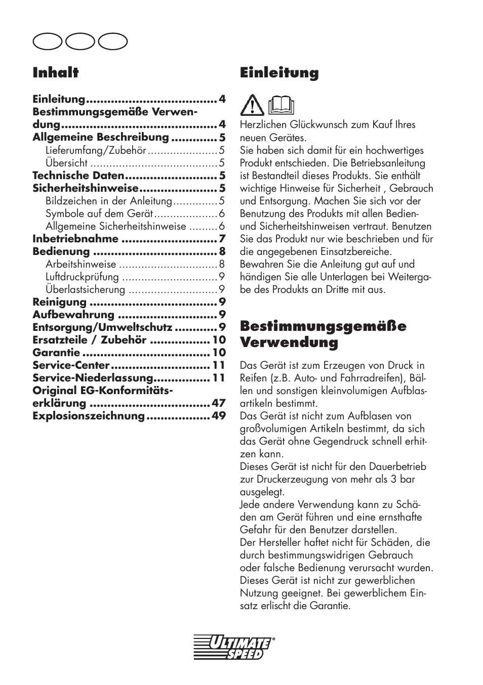 Inhalt, Einleitung, Bestimmungsgemäße verwendung | De at ch | Ultimate Speed UMK 10 A1 User Manual | Page 4 / 50