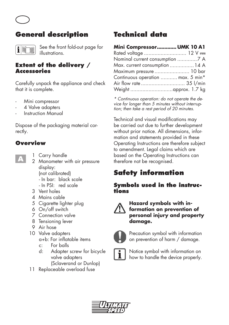 General description, Technical data, Safety information | Ultimate Speed UMK 10 A1 User Manual | Page 40 / 50