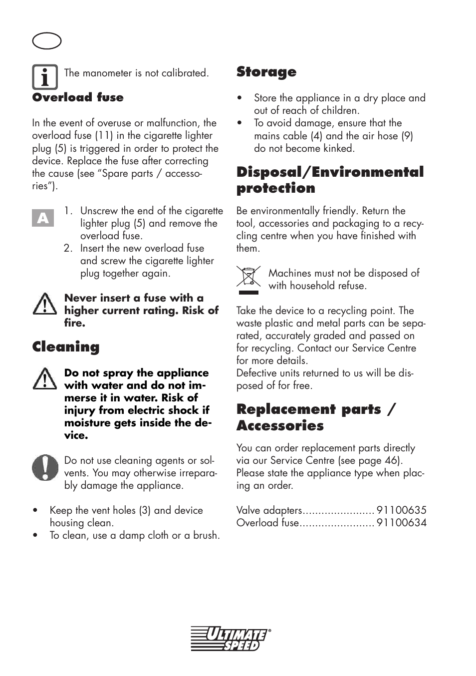 Cleaning, Storage, Disposal/environmental protection | Replacement parts / accessories | Ultimate Speed UMK 10 A1 User Manual | Page 44 / 50