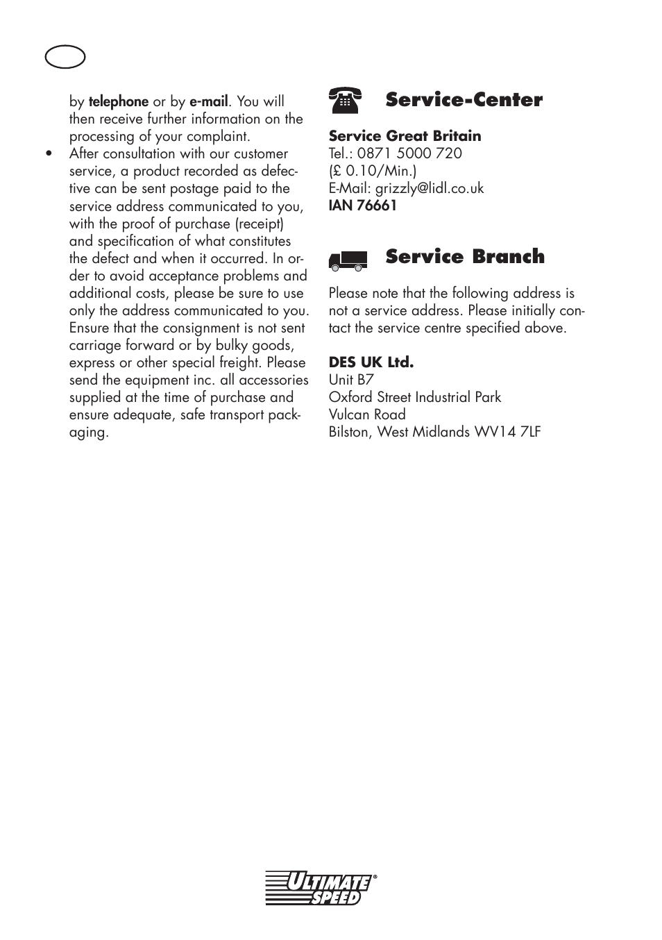 Service-center, Service branch | Ultimate Speed UMK 10 A1 User Manual | Page 46 / 50