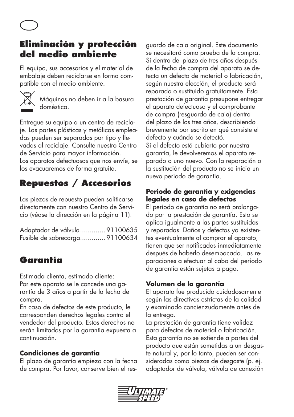 Eliminación y protección del medio ambiente, Repuestos / accesorios, Garantía | Ultimate Speed UMK 10 A1 User Manual | Page 10 / 38