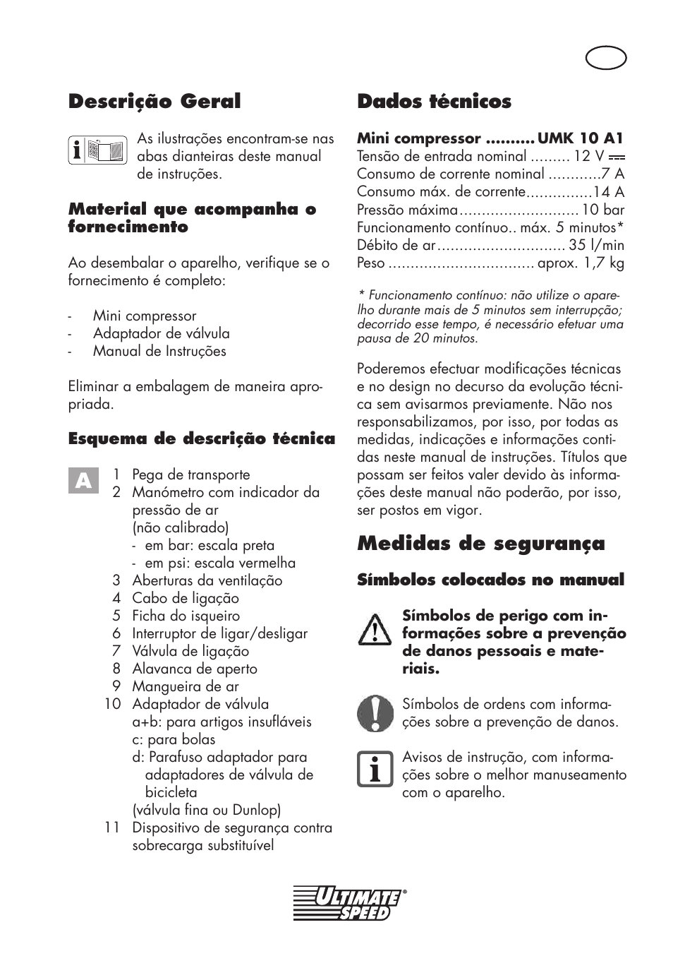 Descrição geral, Dados técnicos, Medidas de segurança | Ultimate Speed UMK 10 A1 User Manual | Page 13 / 38