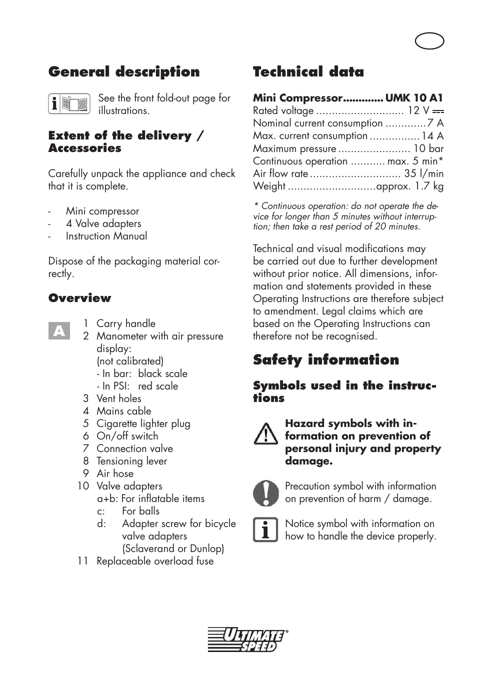 General description, Technical data, Safety information | Ultimate Speed UMK 10 A1 User Manual | Page 21 / 38