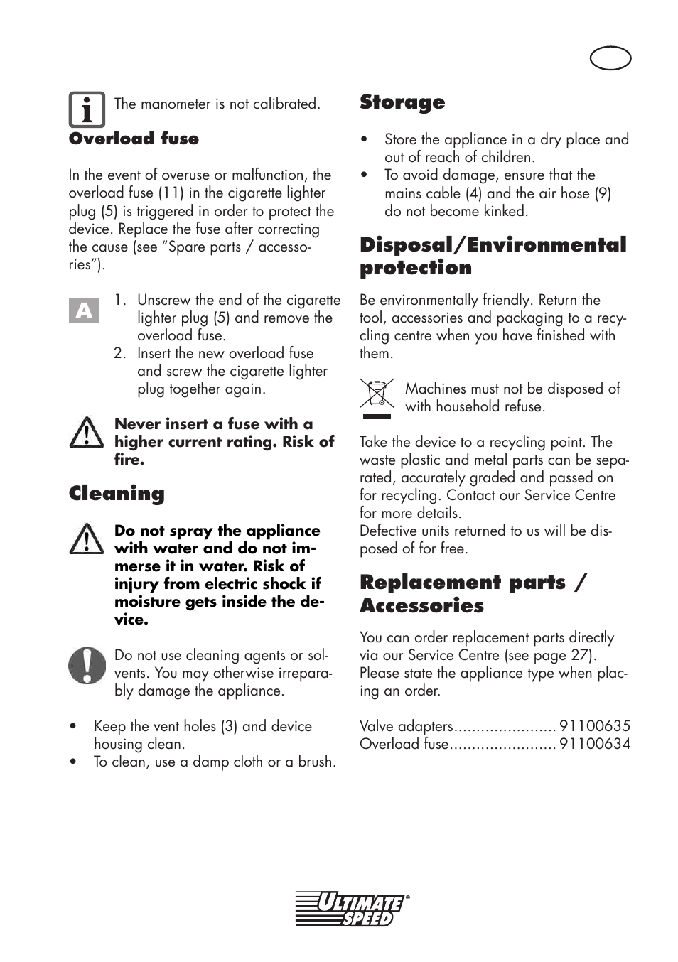 Cleaning, Storage, Disposal/environmental protection | Replacement parts / accessories | Ultimate Speed UMK 10 A1 User Manual | Page 25 / 38
