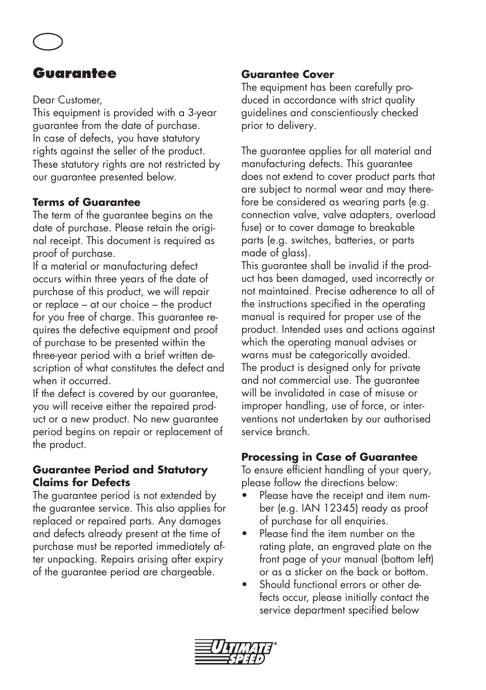 Guarantee | Ultimate Speed UMK 10 A1 User Manual | Page 26 / 38