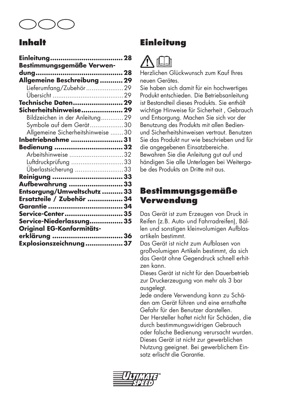 Inhalt, Einleitung, Bestimmungsgemäße verwendung | De at ch | Ultimate Speed UMK 10 A1 User Manual | Page 28 / 38