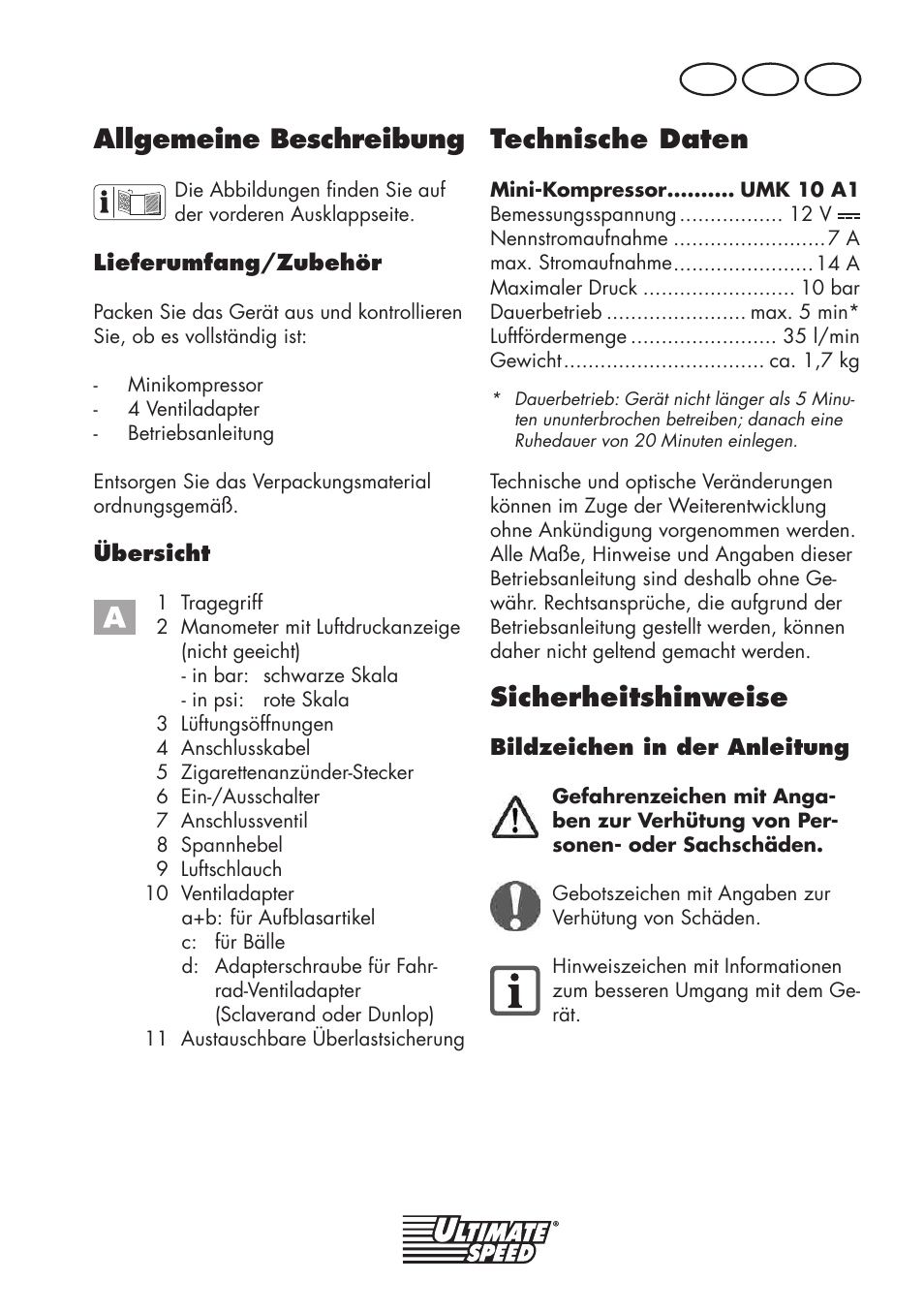 Allgemeine beschreibung, Technische daten, Sicherheitshinweise | De at ch | Ultimate Speed UMK 10 A1 User Manual | Page 29 / 38