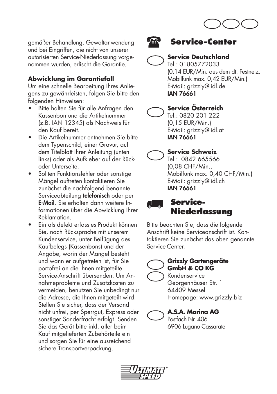 Service-center, Service- niederlassung, De at ch | De at at ch ch | Ultimate Speed UMK 10 A1 User Manual | Page 35 / 38