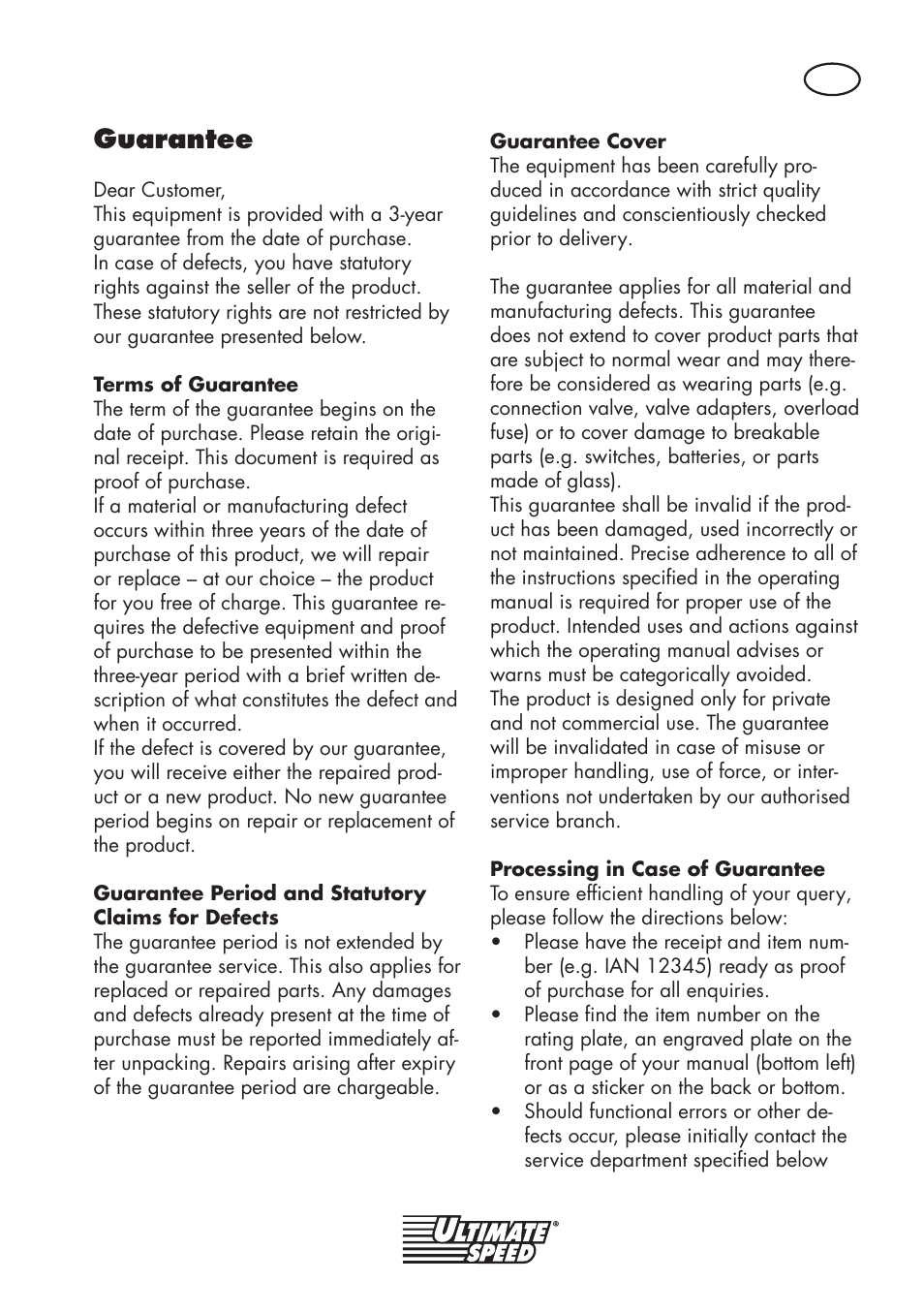 Guarantee | Ultimate Speed UMK 10 A1 User Manual | Page 11 / 58