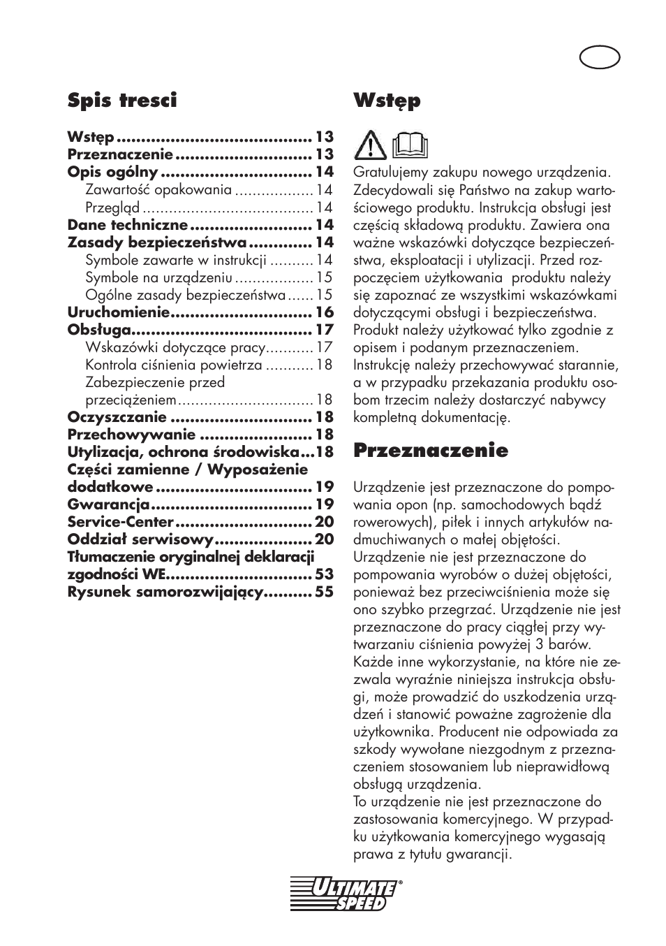 Spis tresci, Wstęp, Przeznaczenie | Ultimate Speed UMK 10 A1 User Manual | Page 13 / 58