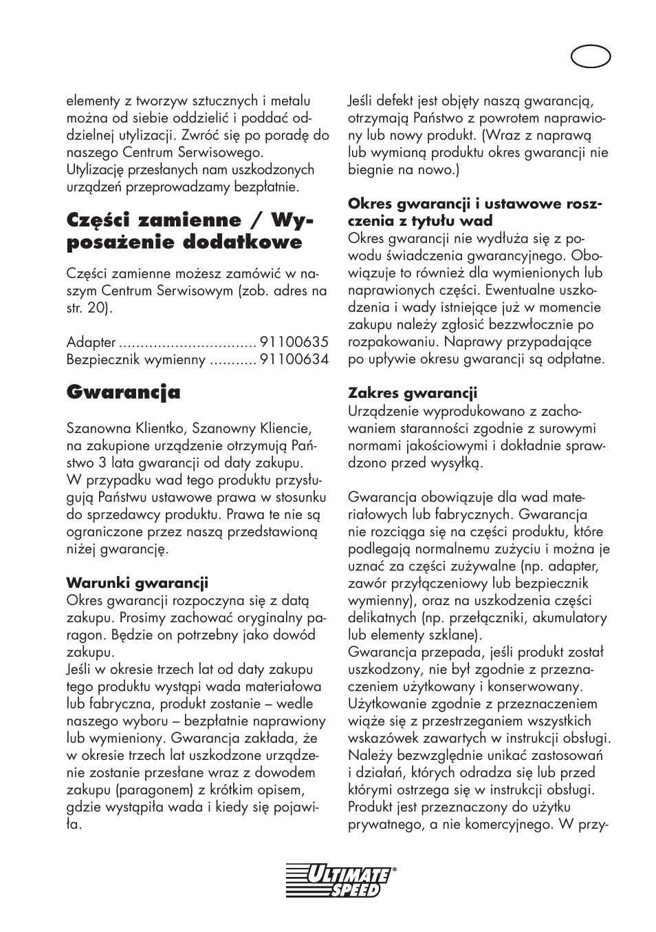 Części zamienne / wy- posażenie dodatkowe, Gwarancja | Ultimate Speed UMK 10 A1 User Manual | Page 19 / 58