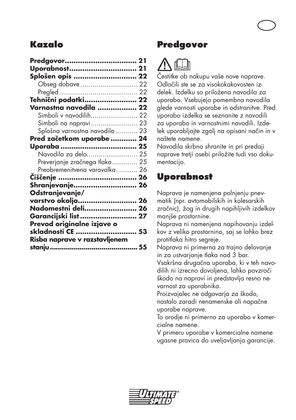 Predgovor, Uporabnost, Kazalo | Ultimate Speed UMK 10 A1 User Manual | Page 21 / 58