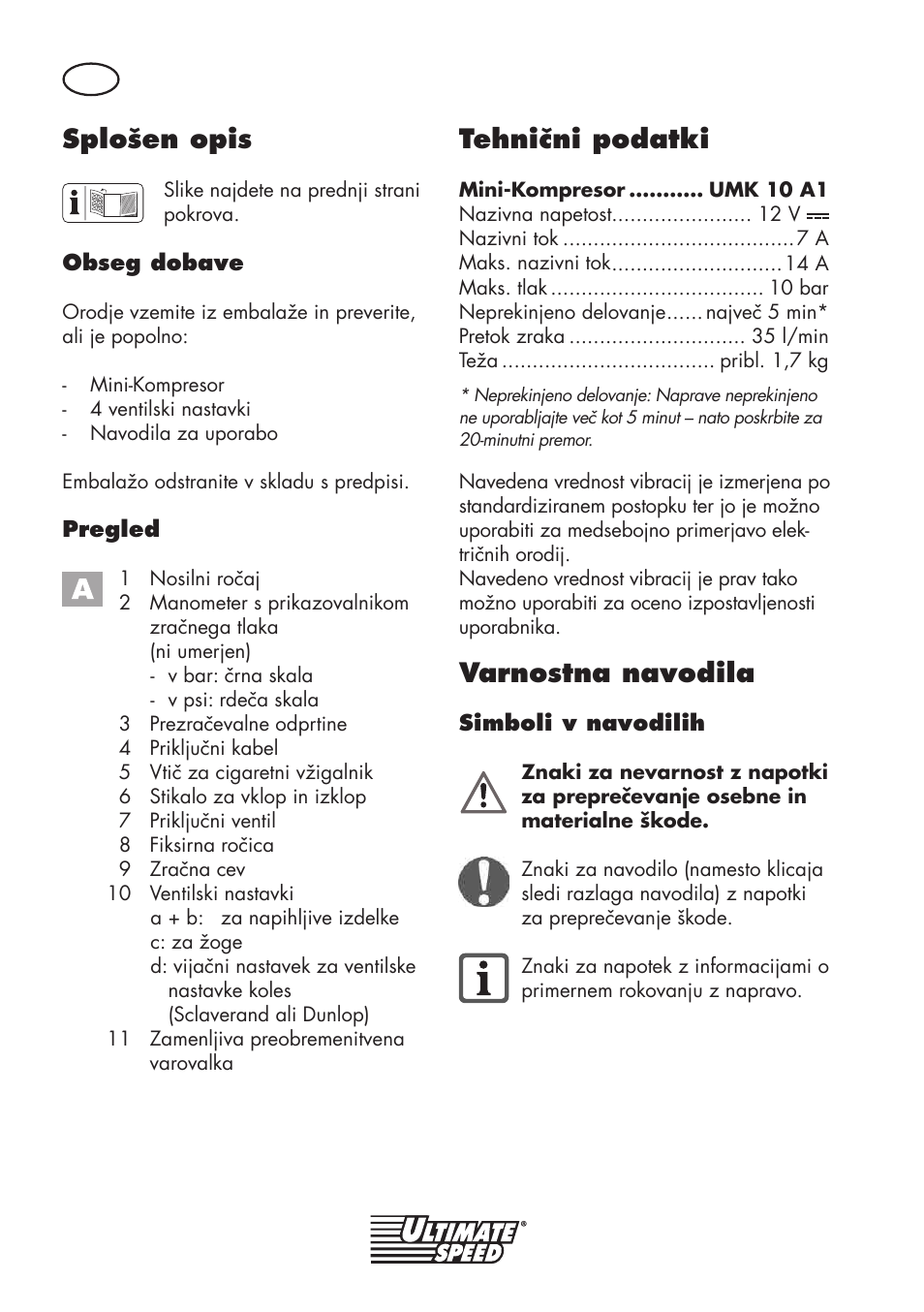 Splošen opis, Tehnični podatki, Varnostna navodila | Ultimate Speed UMK 10 A1 User Manual | Page 22 / 58