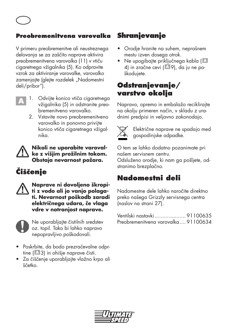 Čiščenje, Shranjevanje, Odstranjevanje/ varstvo okolja | Nadomestni deli | Ultimate Speed UMK 10 A1 User Manual | Page 26 / 58
