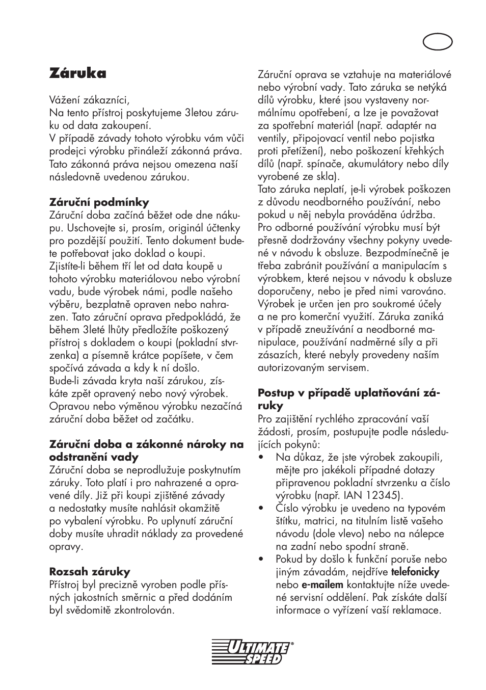 Záruka | Ultimate Speed UMK 10 A1 User Manual | Page 35 / 58