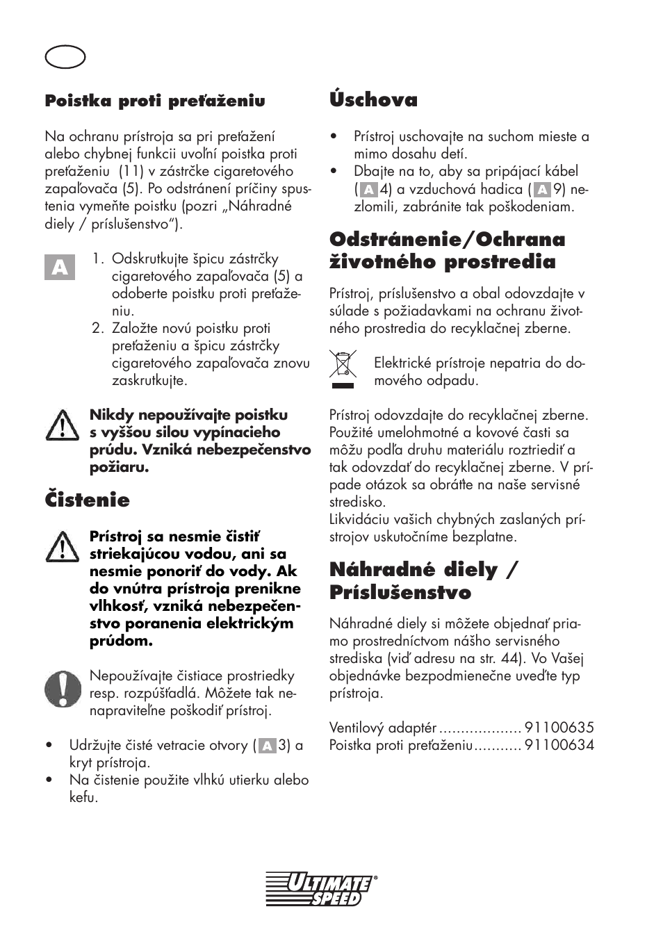 Čistenie, Úschova, Odstránenie/ochrana životného prostredia | Náhradné diely / príslušenstvo | Ultimate Speed UMK 10 A1 User Manual | Page 42 / 58