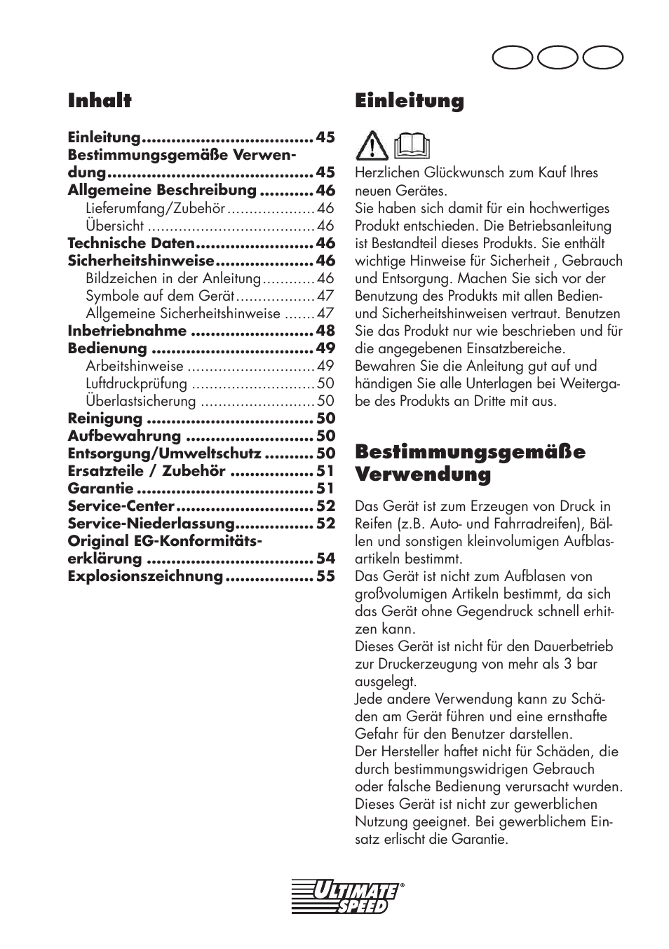 Inhalt, Einleitung, Bestimmungsgemäße verwendung | De at ch | Ultimate Speed UMK 10 A1 User Manual | Page 45 / 58