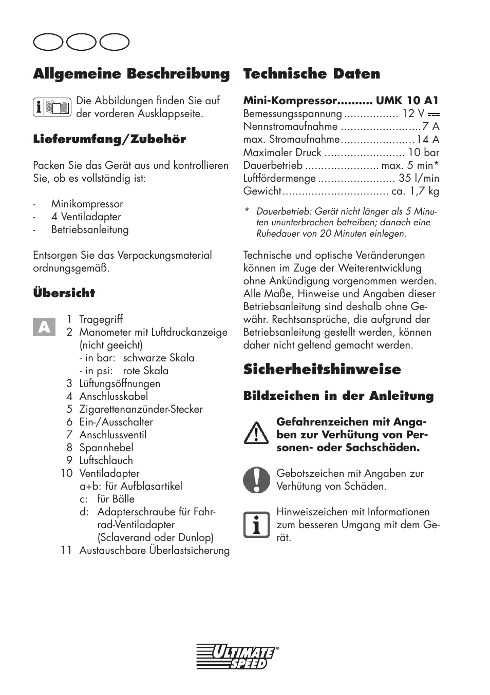 Allgemeine beschreibung, Technische daten, Sicherheitshinweise | De at ch | Ultimate Speed UMK 10 A1 User Manual | Page 46 / 58