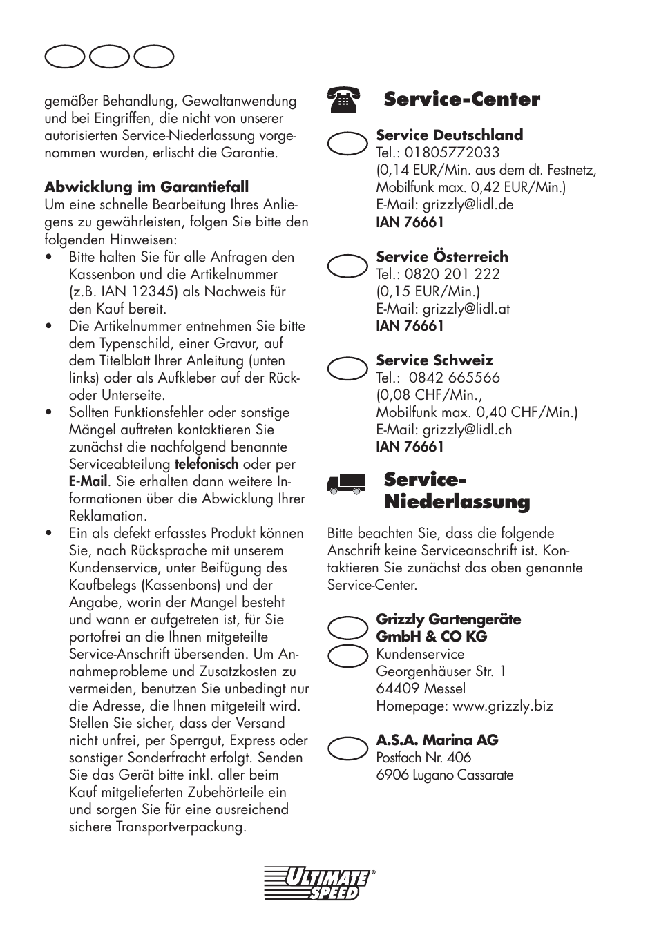 Service-center, Service- niederlassung, De at ch | De at at ch ch | Ultimate Speed UMK 10 A1 User Manual | Page 52 / 58