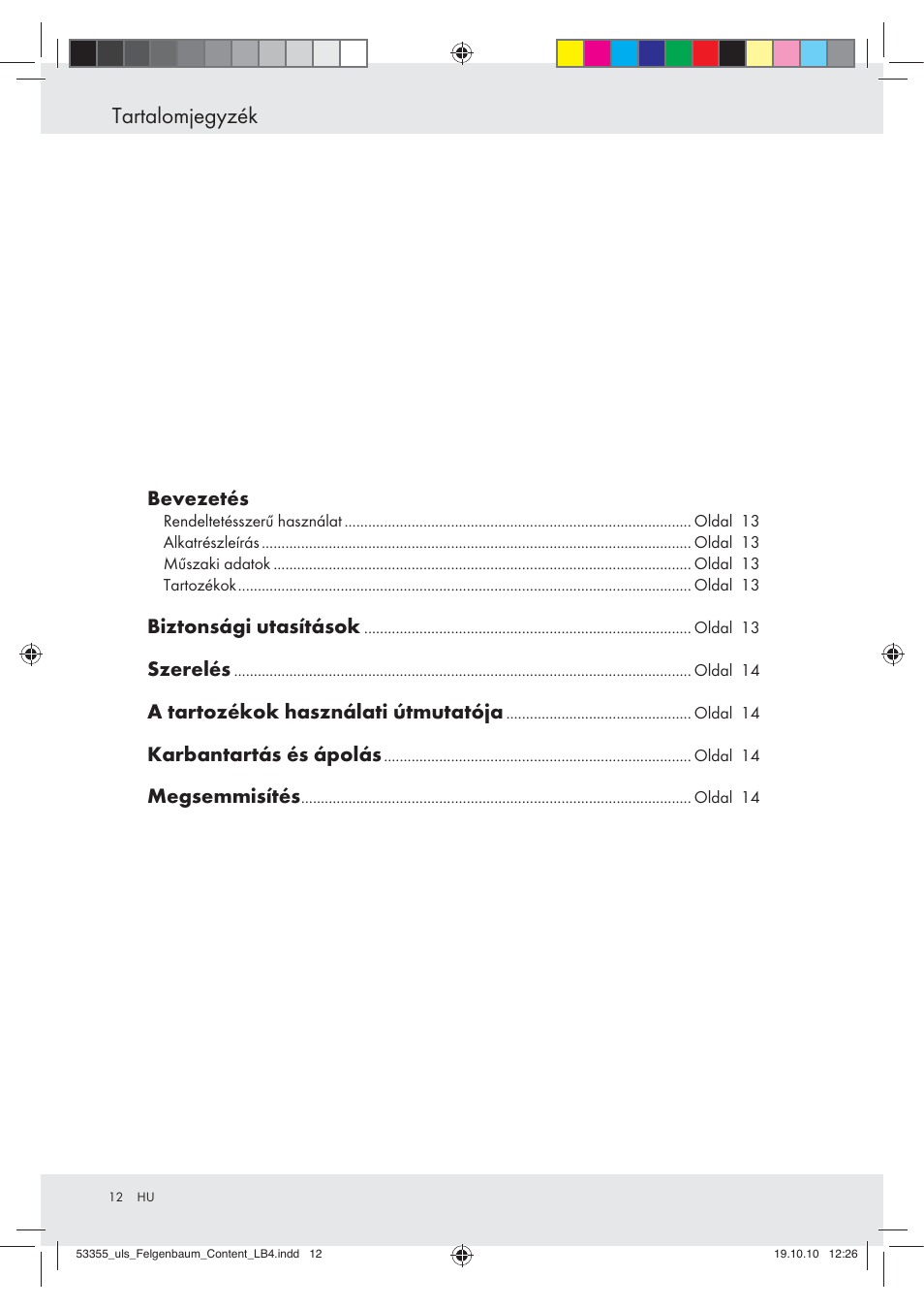 Tartalomjegyzék | Ultimate Speed Z30454 User Manual | Page 12 / 28