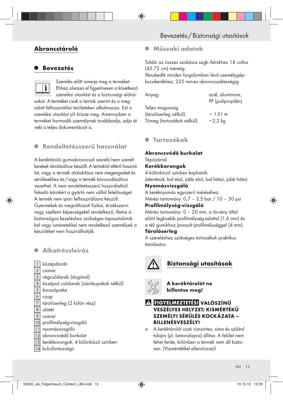 Bevezetés / biztonsági utasítások, Abroncstároló, Bevezetés | Rendeltetésszerű használat, Alkatrészleírás, Műszaki adatok, Tartozékok, Biztonsági utasítások | Ultimate Speed Z30454 User Manual | Page 13 / 28