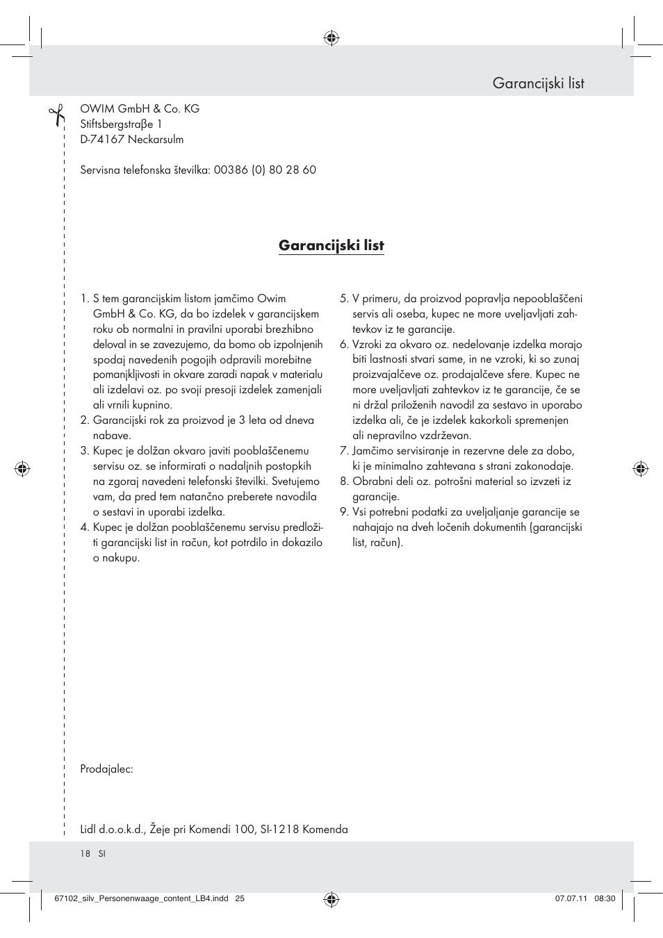 Garancijski list | Ultimate Speed Z30454 User Manual | Page 18 / 28