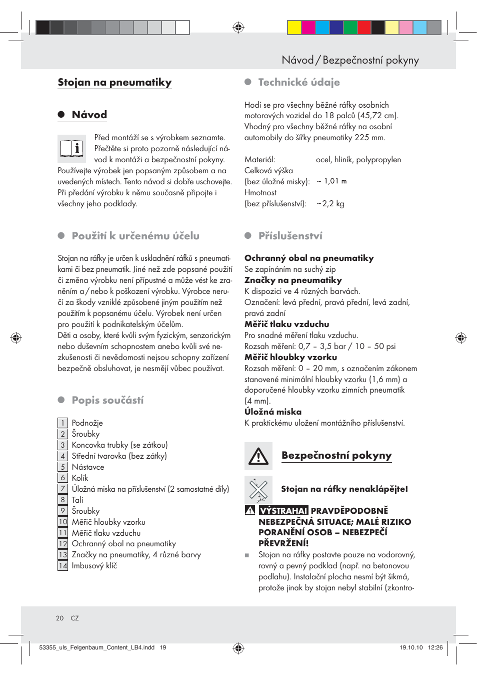 Návod / bezpečnostní pokyny, Stojan na pneumatiky, Návod | Použití k určenému účelu, Popis součástí, Technické údaje, Příslušenství, Bezpečnostní pokyny | Ultimate Speed Z30454 User Manual | Page 20 / 28