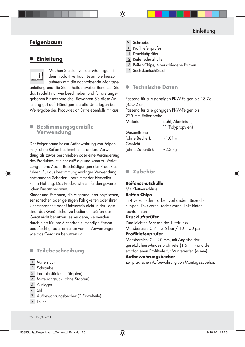 Einleitung, Felgenbaum, Bestimmungsgemäße verwendung | Teilebeschreibung, Technische daten, Zubehör | Ultimate Speed Z30454 User Manual | Page 26 / 28