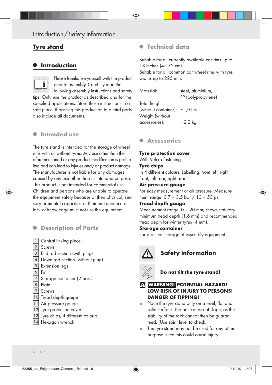 Introduction / safety information, Tyre stand, Introduction | Intended use, Description of parts, Technical data, Accessories, Safety information | Ultimate Speed Z30454 User Manual | Page 6 / 28
