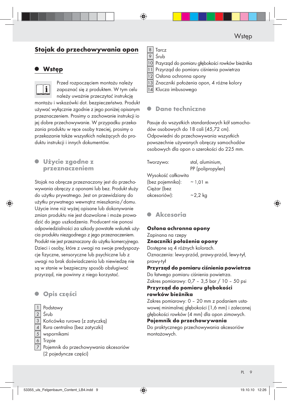 Wstęp, Stojak do przechowywania opon, Użycie zgodne z przeznaczeniem | Opis części, Dane techniczne, Akcesoria | Ultimate Speed Z30454 User Manual | Page 9 / 28