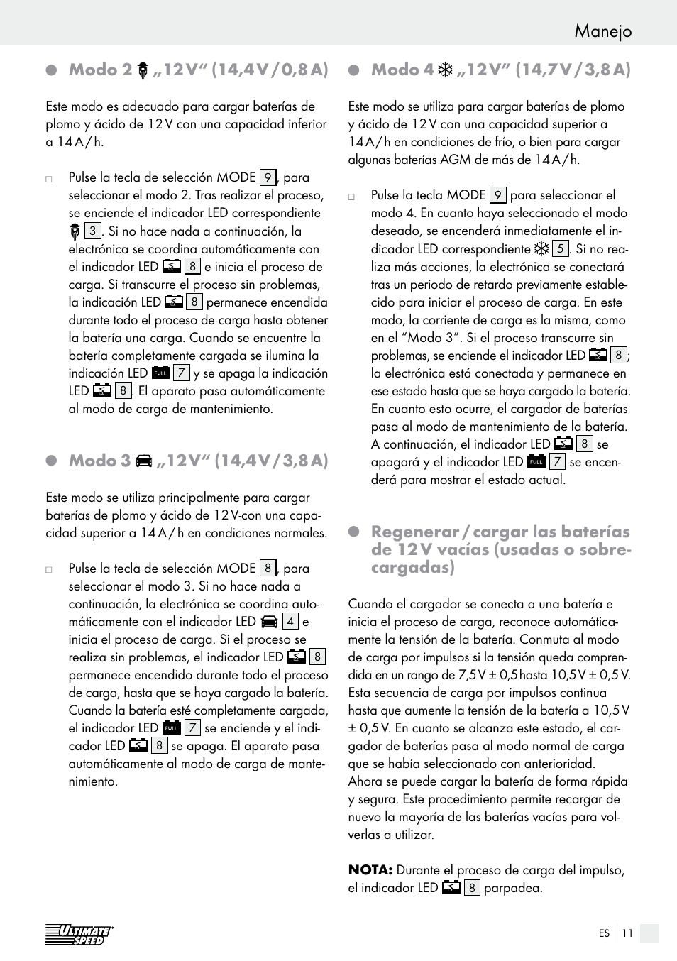 Manejo, Modo 2, 12 v | Modo 3 | Ultimate Speed ULG 3.8 A1 User Manual | Page 11 / 44