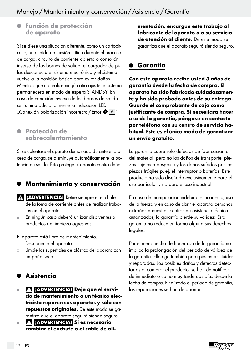 Función de protección de aparato, Protección de sobrecalentamiento, Mantenimiento y conservación | Asistencia, Garantía | Ultimate Speed ULG 3.8 A1 User Manual | Page 12 / 44