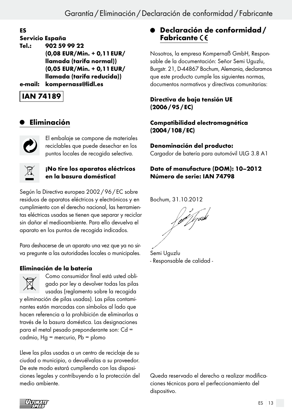 Eliminación, Declaración de conformidad / fabricante | Ultimate Speed ULG 3.8 A1 User Manual | Page 13 / 44