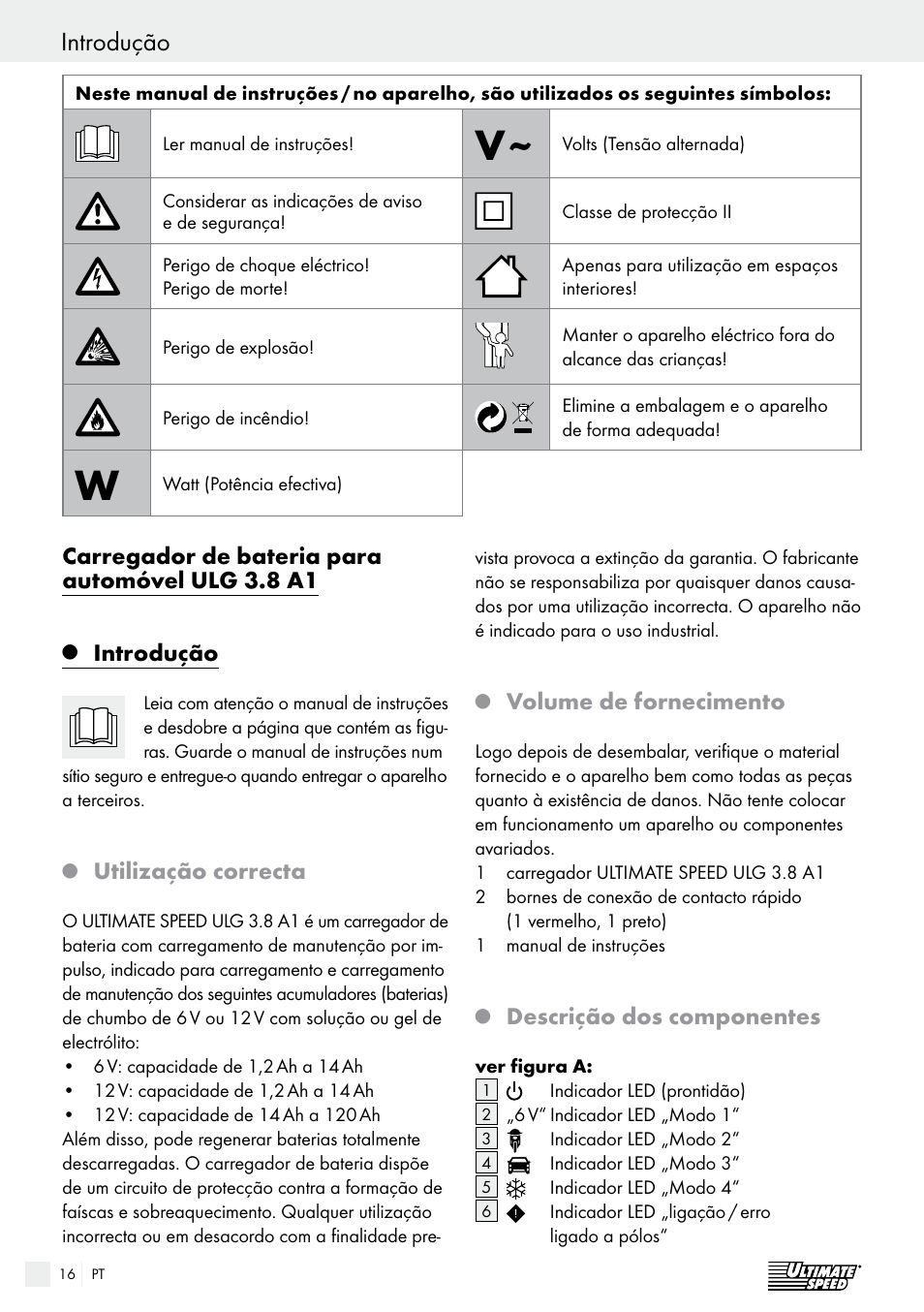 Introdução / segurança introdução, Carregador de bateria para automóvel ulg 3.8 a1, Introdução | Utilização correcta, Volume de fornecimento, Descrição dos componentes | Ultimate Speed ULG 3.8 A1 User Manual | Page 16 / 44