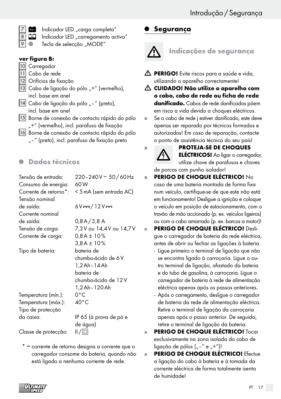 Introdução / segurança, Introdução, Dados técnicos | Segurança indicações de segurança | Ultimate Speed ULG 3.8 A1 User Manual | Page 17 / 44