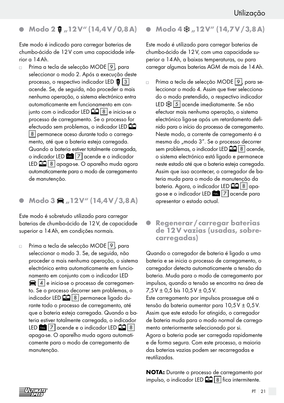 Utilização, Modo 2, 12 v | Modo 3 | Ultimate Speed ULG 3.8 A1 User Manual | Page 21 / 44