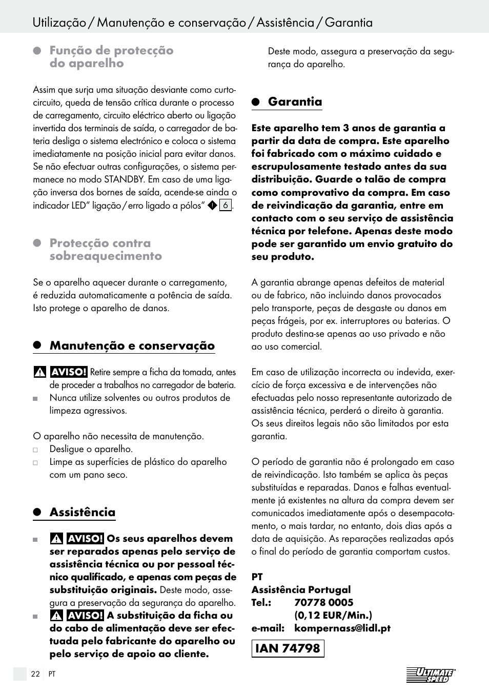 Função de protecção do aparelho, Protecção contra sobreaquecimento, Manutenção e conservação | Assistência, Garantia | Ultimate Speed ULG 3.8 A1 User Manual | Page 22 / 44
